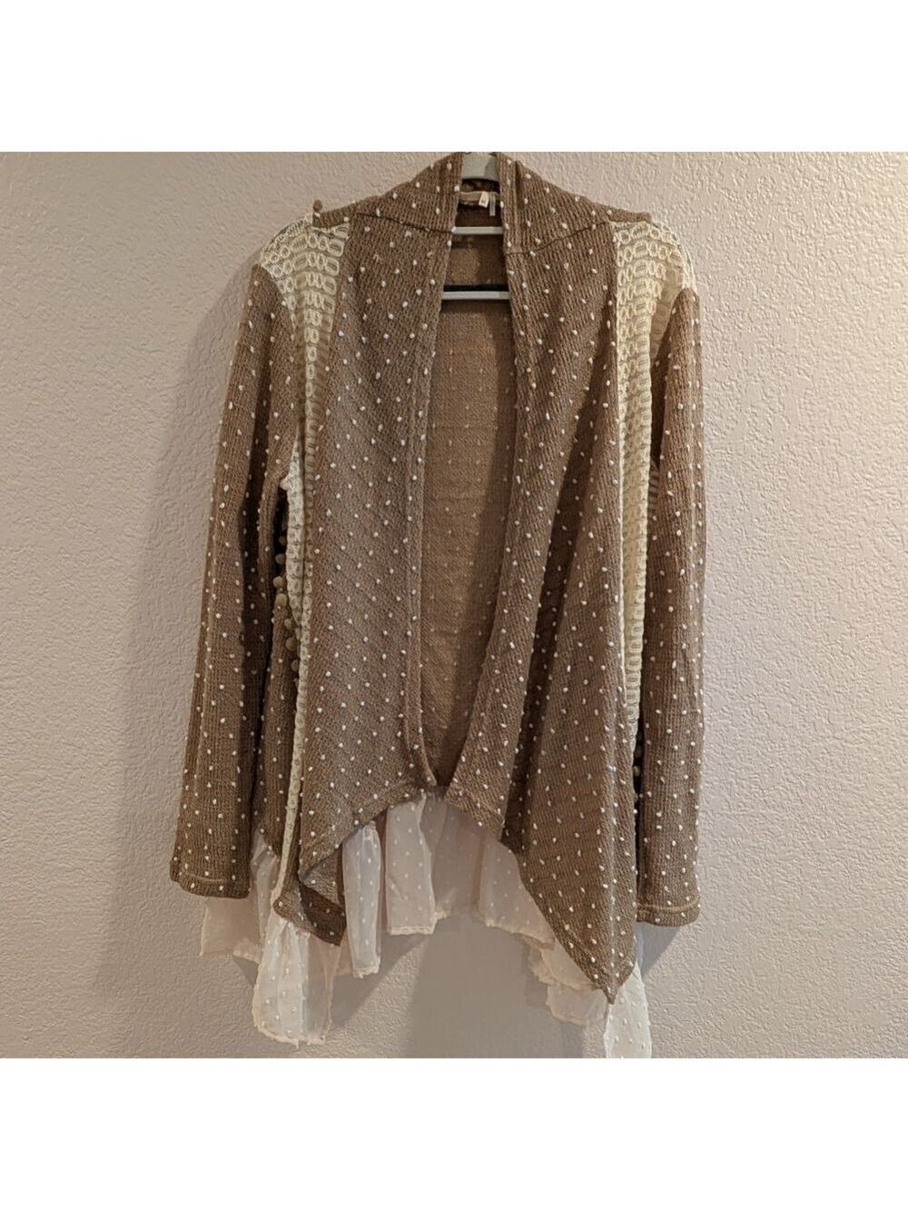RYU Anthropology Beige White Pom Pom Embroidery Open Front Medium